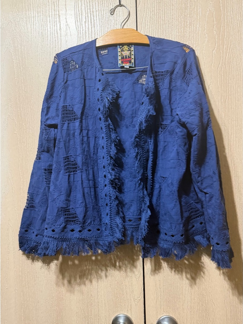 Johnny Was Blue Embroidered Jacket Boho Fringe Open Front Eyelet Size M - Picture 4 of 10